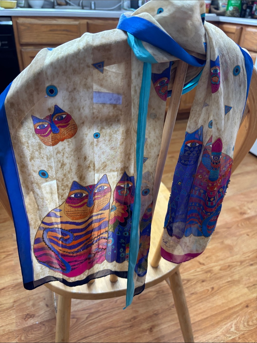 Laurel Burch Multicolor Cat Print Sheer Scarf — Blue, Teal, Pink, Cream